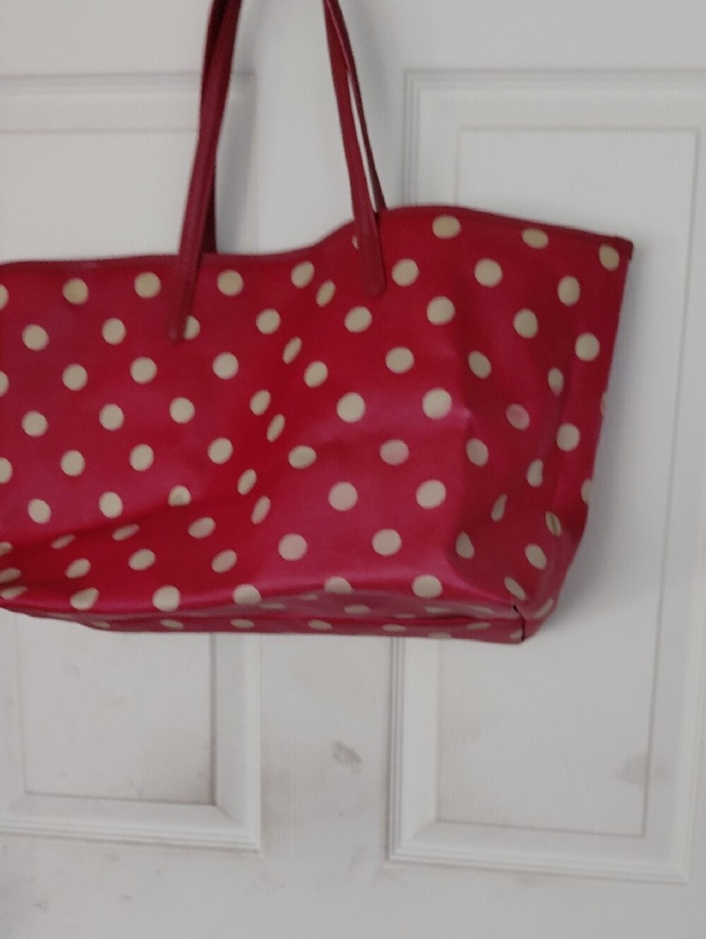 Cath Kidston Red And Cream Tote Polka Dots Doubke Strap Leather Handle 19x11 - Picture 9 of 13